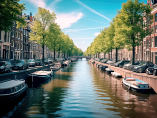 Obraz premium Colorful image of the canals of Amsterdam in the summertime