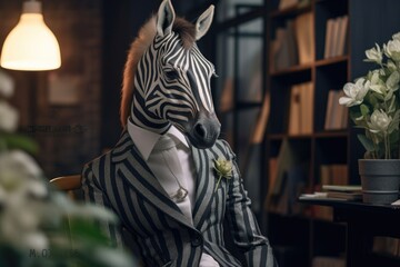 Fototapeta na wymiar Fashion photography of a anthropomorphic Zebra dressed as business woman clothes in office,