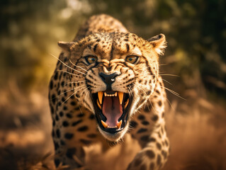 Furious leopard portrait with intense eyes and big teeth. Leopard head with grunge effect abstract leopard portrait. Award-winning wildlife image. Realistic 3D illustration. Generative AI