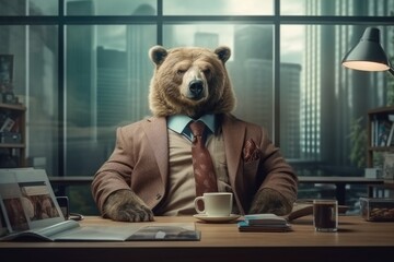 Fashion photography of a anthropomorphic bear dressed as business woman clothes in office - obrazy, fototapety, plakaty