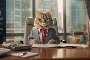 Fashion photography of a anthropomorphic Cat dressed as businessman clothes,