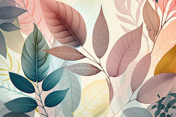 Abstract colorful leaves, soft colors, seamless background, desktop wallpaper, generative AI
