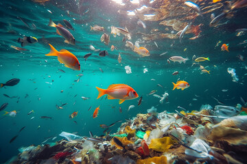 Fototapeta na wymiar Plastic Pollution Threat - Fishes and Oceans - Global Change - Marine Pollution - Micro Plastics 