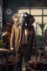 Fashion photography of a anthropomorphic Elephant dressed as businessman clothes in office