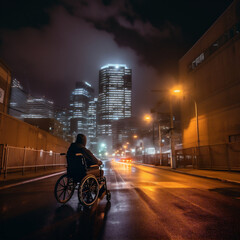 Man in a wheelchair on the background of the evening city