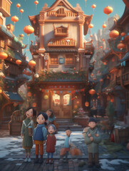 Beautiful and lovely traditional Chinese style walled city, cartoon effect