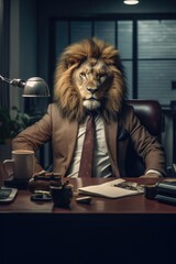 Fototapeta na wymiar Fashion photography of a anthropomorphic Lion dressed as businessman clothes in office,