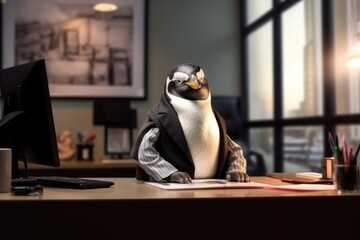 Fashion photography of a anthropomorphic Penguin dressed as business woman clothes in office - obrazy, fototapety, plakaty