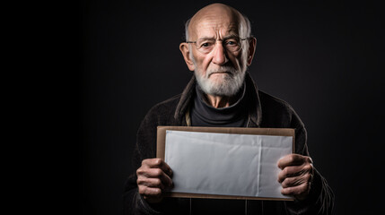 old man with neutral expression holds empty mock-up sign in hand to communicate something