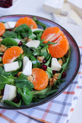 Close-up view of tangerine salad with mixed leaves, Camembert and walnuts in a grey bowl on cotton chessboard pattern napkin. Placed on white background. Healthy food concept