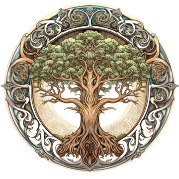 Tree of Life, Celtic tree ornament isolated with a transparent background, neutral beige and green round design of tree created with Generative AI.