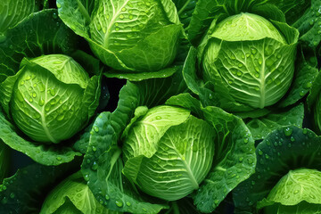 seamless background of many beautiful and shiny cabbage, top view.