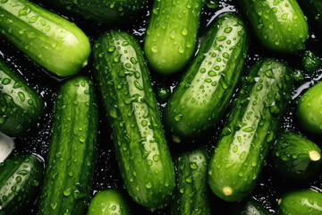 seamless background of many beautiful and shiny cucumber, top view.