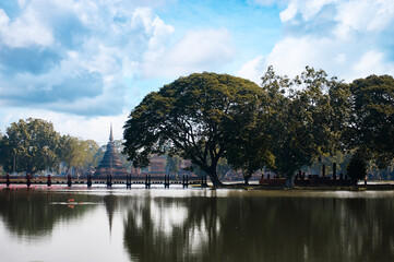 Lake near the Buddhist Temple in Sukhothai historical park, Thailand.