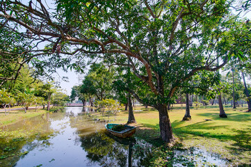 Park lake pond in the ancient national park Sukhothai, Thailand.