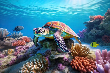 Sea turtle swims underwater on the background of coral reefs