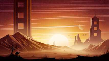 A desert landscape at sunset with a bright sun, with high mountains and towers with antennas and communications, with spaceships in the sky and with a rider sitting under a tree next to a camel.