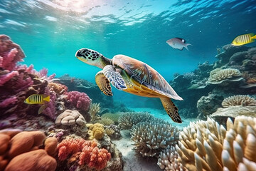 Naklejka na ściany i meble Sea turtle swims underwater on the background of coral reefs