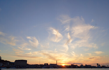 View of Dnipro river and Kyiv city at sunset time, Ukraine.