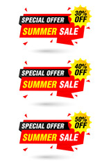 Special offer summer sale red origami labels set. Sale 30%, 40%, 50% off discount