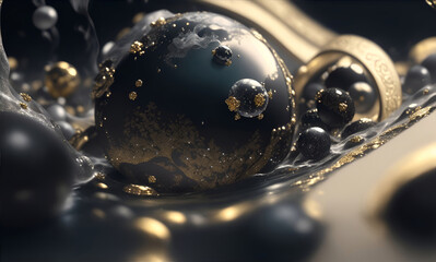 Luxury Black Pearls Covered in Gold and Diamonds Ornament Liquid Backgrounds Wallpaper, Generative AI