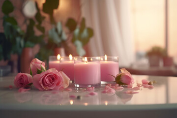 Spa concept pink flowers roses and candle light in spa salon
