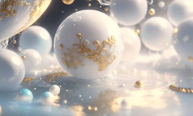 Fototapeta na wymiar White Pearls Covered in Gold and Diamonds Ornament Liquid Luxury Wallpaper, Generative AI