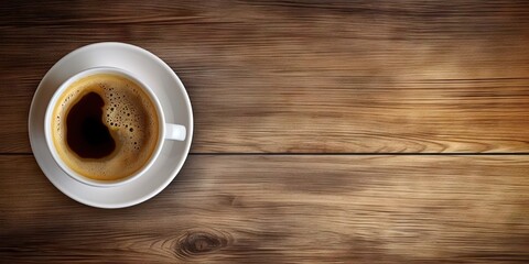 Obraz premium Minimalistic Workspace. White Coffee Cup on Top view Wooden Table