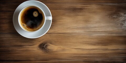 Obraz premium Minimalistic Workspace. White Coffee Cup on Top view Wooden Table