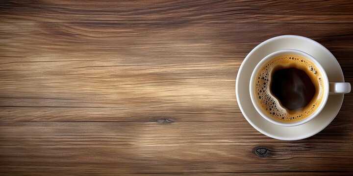 Minimalistic Workspace. White Coffee Cup on Top view Wooden Table