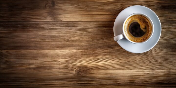 Minimalistic Workspace. White Coffee Cup on Top view Wooden Table