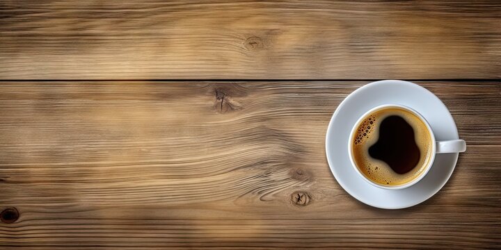 Minimalistic Workspace. White Coffee Cup on Top view Wooden Table
