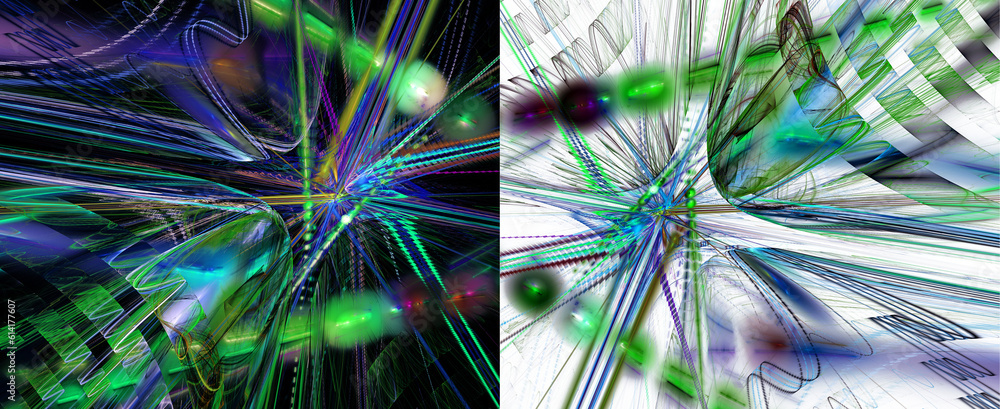 Poster two abstract fractal backgrounds in one. blue and green rays, arcs and lines on white and black back