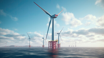 Offshore Wind Turbine in a Windfarm under construction off the England Coast at blue sky - obrazy, fototapety, plakaty