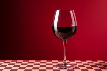 Glass of red wine on a checkered tablecloth against a red background. By Generative AI.
