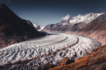 Alpine Aletsch Glacier viewpoint in Valais Canton, Switzerland, Europe. Trekking in Swiss Alps. - obrazy, fototapety, plakaty