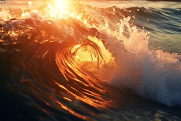 Closeup of ocean breaking waves. Sunset dawn crashing sea break 