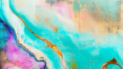 Fototapeta premium Abstract Acrylic Wavy Fluent Painting in Metallic Gold, Mint and Pink | Marble Paint Background