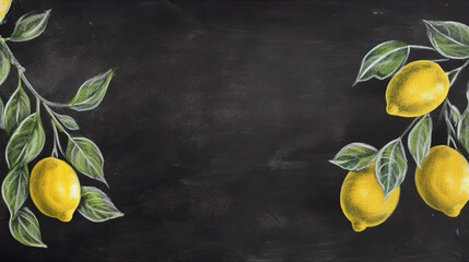 Chalk illustration of lemons on a black blackboard background. A.I. Generated.

