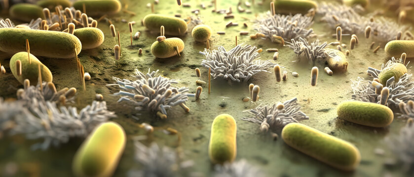 Macro View of Bacterial Environment, Microbial Diversity, Ecosystem Exploration, Discover the Intricate Microbial Realm: Macro View of Bacteria, Microbiology Insights, Microscopic, Generative AI