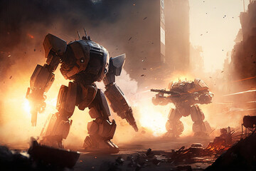 illustration of battle robots in an urban setting