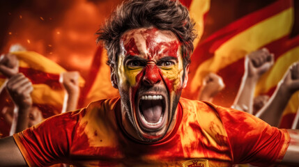 A fan of the Spanish team in the Celebration of the victory in the championship. A man with his face painted in the colors of Spain is celebrating the victory of his team. Generative Ai
