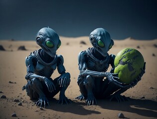 alien in the desert, An alien sits in a vast desert, his hand cradling a miniature Earth planet.
