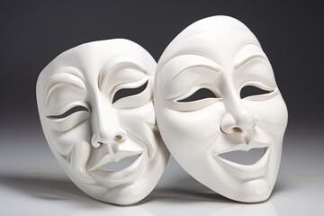 Theater masks, both comedic and tragic, made of white fabric. Generative AI.