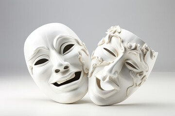Theater masks, both comedic and tragic, made of white fabric. Generative AI.