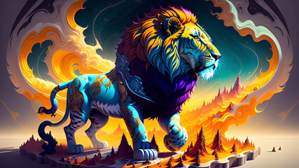 Un regale leone dai molti colori e con una folta criniera spadroneggia sul paesaggio circostante. Creato con AI.