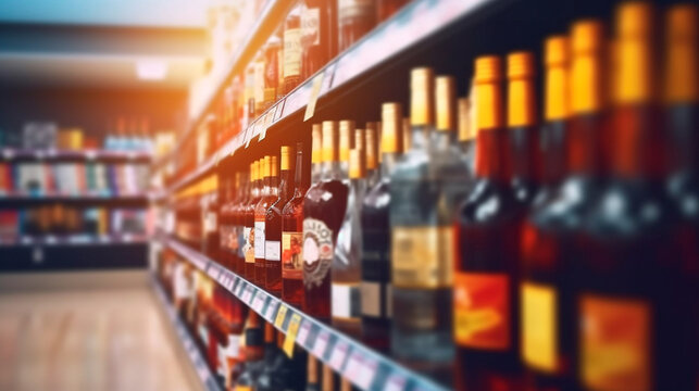 Abstract blur wine bottles on liquor alcohol shelves in supermarket store background. Generative AI