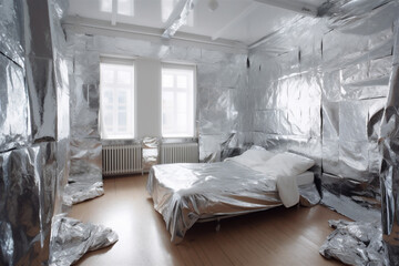 Sci-fi high-cold bedroom interior, designed and constructed with tinfoil