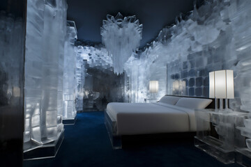 Cool style bedroom interior, designed and built with ice cubes