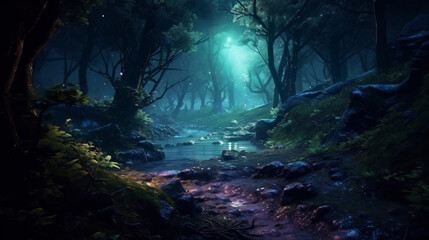Gloomy fantasy forest scene at night blue shades
